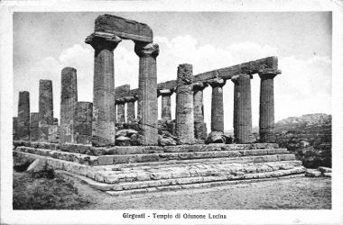 Postcard depicting the Temple of Juno, Girgenti, Sicily.  The text of the postcard reads "Girgenti—Templo di Giunone Lucina".